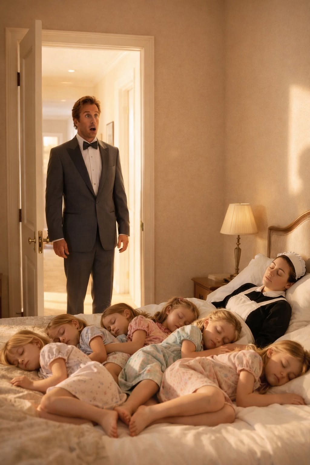 A Millionaire Fired 37 Nannies in Two Weeks, Until A Domestic Worker Did What No One Else Could for His Six Daughters  In just 14 days, thirty-seven nannies had fled the Whitaker mansion overlooking the hills of San Diego. Some left sobbing. Others stormed out screaming that no amount of money was worth what went on inside that house.  The last nanny staggered through the gates with her uniform ripped, green paint smeared in her hair, and terror in her eyes. “This place is hell,” she shouted at the security guard as the iron gates opened. “Tell Mr. Whitaker he needs an exorcist, not a nanny.”  From his third floor office window, Jonathan Whitaker watched the taxi disappear down the long, tree-lined drive. Thirty-six years old. Founder of a tech company worth over a billion pesos. He rubbed his unshaven face and turned toward the framed photo on his wall. His wife Maribel smiled from it, surrounded by their six daughters.  “Thirty-seven in two weeks,” he murmured. “What am I supposed to do now, my love. I can’t reach them.”  His phone buzzed. Steven, his assistant. “Mr. Whitaker, the last nanny agency has blacklisted us. They say the situation is impossible and potentially dangerous.”  Jonathan closed his eyes. “So no more professional nannies.”  “No, sir. But we could hire a housekeeper. At least someone to clean while we figure out the rest.”  Jonathan looked out at the garden below. Broken toys. Scattered clothes. Uprooted plants. “Do it,” he said quietly. “Anyone willing to step into this house.”  Across the city in National City, twenty-five-year-old Nora Delgado finished tying her curly hair into a messy bun. The daughter of migrants, she spent her days cleaning houses and her nights studying child psychology at university.  At 5:30 p.m., her phone rang. “Nora, we have an emergency placement,” the agency manager said. “A mansion in San Diego. They’re paying double. They need you today.”  Nora glanced at her worn sneakers, her battered backpack, and the overdue tuition notice stuck to the fridge. “Send the address,” she replied. “I’ll be there in two hours.”  She had no idea she was heading to a house where no one lasted more than a day.  The Whitaker mansion looked flawless from the outside. Three stories. Floor-to-ceiling windows. A fountain in the garden. A sweeping view of the city. Inside, it was chaos. Graffiti on the walls. Dirty dishes piled high. Toys everywhere. The security guard opened the gate with pity in his eyes.  “God be with you, miss,” he muttered.  Jonathan met her in his office. He looked nothing like the confident billionaire from magazine covers. He looked exhausted.  “The house needs serious cleaning,” he said, his voice rough. “And my daughters are having a difficult time. I’ll pay triple, but I need you to start today.”  “This is only cleaning, right?” Nora asked carefully. “Not childcare.”  “Just cleaning,” he said, not entirely truthfully. “Our nanny left unexpectedly.”  A loud crash echoed from upstairs, followed by laughter.  Nora glanced up. “Your daughters?”  Jonathan nodded. Pride and defeat tangled in his expression.  The six girls stood on the staircase like soldiers inspecting an enemy. Hazel, twelve, stood at the front with her chin raised. Brooke, ten, with chunks of hair missing. Ivy, nine, eyes sharp and restless. June, eight, smelling faintly of urine. The twins Cora and Mae, six, angel-faced and unsettlingly calm. And little Lena, three, clutching a doll missing one arm.  “Hello,” Nora said softly. “I’m Nora. I’m just here to clean.”  Silence.  “I’m not a nanny,” she added gently. “You don’t have to worry.”  Hazel stepped forward. “Thirty-seven,” she said with a cold smile. “You’re number thirty-eight. Let’s see how long you last.”  The twins giggled. A sound that sent a chill through Nora. She recognized that look. She had seen it in her own reflection after losing her little sister years ago.  “Then I’ll start with the kitchen,” Nora replied calmly.  The kitchen was a disaster. But what stopped her were the photos on the refrigerator. A woman with long hair and a warm smile holding all six girls on a beach. The same woman, thinner, lying in a hospital bed, cradling baby Lena.  “Maribel,” Nora read from the inscription.  Her throat tightened. She remembered the night she was told her little sister had died in a fire in the room they shared. She knew what grief could turn into.  She opened the refrigerator and found a handwritten list taped inside. Favorite foods. Each child’s name carefully written.  Nora stared at it, understanding far more than anyone expected.  To be continued in the comments