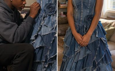 My stepmom INSULTED the prom dress my younger brother sewed for me from our late mom’s jeans — but karma had other plans for her.  “Prom dresses are a ridiculous waste of money.”  My stepmom didn’t even look up from her phone when she said it.  I stood in the kitchen clutching the school flyer with prom deadlines printed on it. I had practiced asking all afternoon.  “Mom left money for things like this,” I said quietly.  Carla laughed.  “That money keeps this house running now,” she said. “And honestly? No one wants to see you parading around in some overpriced princess costume.”  Then she dropped HER BRAND-NEW DESIGNER HANDBAG onto the counter.  The store tag was still hanging from it.  My dad died last year from a sudden heart attack. Since then, Carla has controlled EVERY DOLLAR in the house — including the savings my mom left for me and my little brother.  So that was it.  No dress. No prom.  I went to my room and tried not to cry.  But my brother Noah heard everything.  He’s fifteen. Last year he took a sewing class at school because the woodworking shop was full.  The boys teased him for months.  After that, he never talked about it again.  Until one night he knocked on my bedroom door holding a stack of my mom’s old jeans.  Mom used to collect them.  “You trust me?” Noah asked.  For the next two weeks, our kitchen turned into a workshop.  The dress he made was incredible.  Different blues stitched together like pieces of Mom’s life.  Carla saw it the morning of prom and burst out laughing.  “That’s the most RIDICULOUS thing I’ve ever seen,” she said. “If you wear that, the whole school will laugh at you.”  But I wore it anyway.  Because my brother made it.  And because every piece of that dress came from Mom.  Carla even showed up to prom with her phone ready, whispering to other parents that she couldn’t wait to record my “fashion disaster.”  But the moment I stepped onto the stage, the music suddenly stopped.  The principal walked straight toward Carla in the crowd and held out the microphone.  Then he nodded to the cameraman.  “Zoom in on THIS woman,” he said slowly. “Because I think I know her…” READ FULL STORY IN 1ST COMMENT