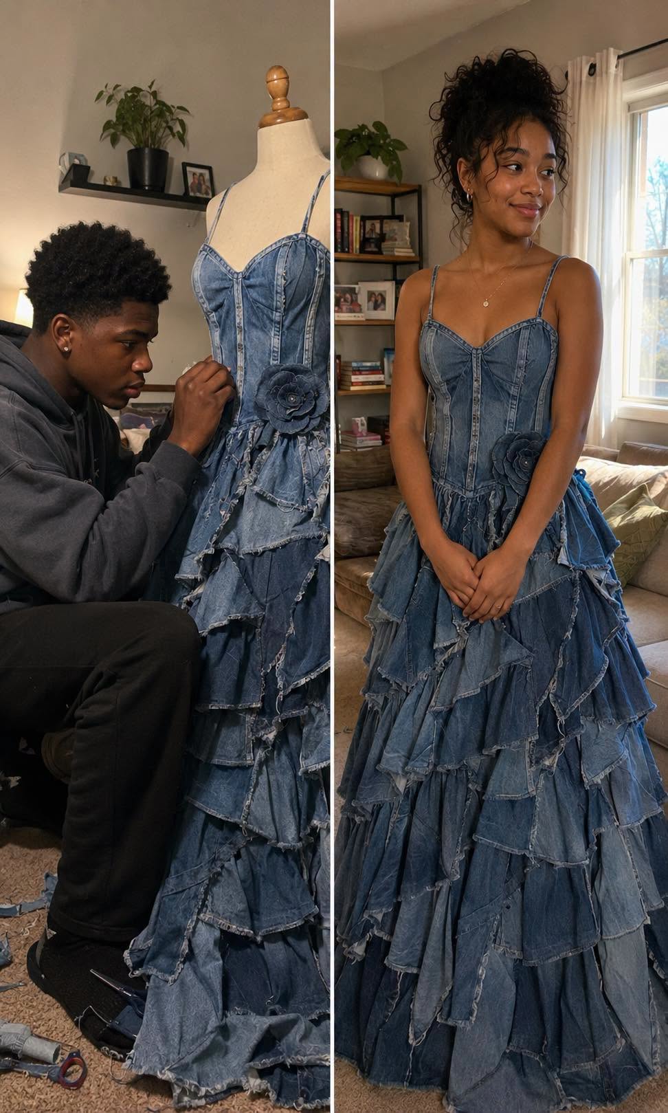My stepmom INSULTED the prom dress my younger brother sewed for me from our late mom’s jeans — but karma had other plans for her.  “Prom dresses are a ridiculous waste of money.”  My stepmom didn’t even look up from her phone when she said it.  I stood in the kitchen clutching the school flyer with prom deadlines printed on it. I had practiced asking all afternoon.  “Mom left money for things like this,” I said quietly.  Carla laughed.  “That money keeps this house running now,” she said. “And honestly? No one wants to see you parading around in some overpriced princess costume.”  Then she dropped HER BRAND-NEW DESIGNER HANDBAG onto the counter.  The store tag was still hanging from it.  My dad died last year from a sudden heart attack. Since then, Carla has controlled EVERY DOLLAR in the house — including the savings my mom left for me and my little brother.  So that was it.  No dress. No prom.  I went to my room and tried not to cry.  But my brother Noah heard everything.  He’s fifteen. Last year he took a sewing class at school because the woodworking shop was full.  The boys teased him for months.  After that, he never talked about it again.  Until one night he knocked on my bedroom door holding a stack of my mom’s old jeans.  Mom used to collect them.  “You trust me?” Noah asked.  For the next two weeks, our kitchen turned into a workshop.  The dress he made was incredible.  Different blues stitched together like pieces of Mom’s life.  Carla saw it the morning of prom and burst out laughing.  “That’s the most RIDICULOUS thing I’ve ever seen,” she said. “If you wear that, the whole school will laugh at you.”  But I wore it anyway.  Because my brother made it.  And because every piece of that dress came from Mom.  Carla even showed up to prom with her phone ready, whispering to other parents that she couldn’t wait to record my “fashion disaster.”  But the moment I stepped onto the stage, the music suddenly stopped.  The principal walked straight toward Carla in the crowd and held out the microphone.  Then he nodded to the cameraman.  “Zoom in on THIS woman,” he said slowly. “Because I think I know her…” READ FULL STORY IN 1ST COMMENT
