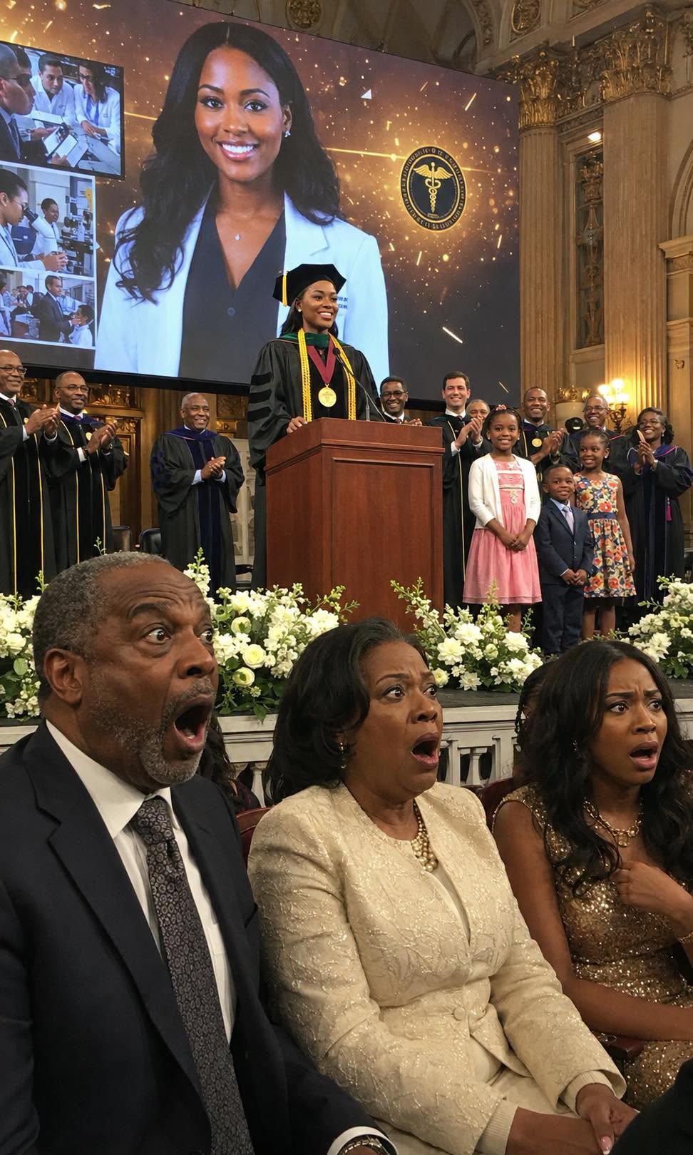 My father refused to let me attend my own medical school graduation because my stepmother wanted my VIP ticket for her daughter. He laughed in my face, called me insignificant, and shoved me out into the pouring rain while they walked inside to celebrate what they thought was someone else’s achievement.  What they didn’t know was that I wasn’t just another graduate.  I was the valedictorian.  The keynote speaker.  And the recipient of the university’s most prestigious research award.  The moment the Dean stepped onto the stage and announced the guest of honor, my family’s smiles disappeared instantly.  The night before graduation, I came home after a demanding shift at the hospital.  My body ached from exhaustion.  All I wanted was a shower and a few hours of sleep.  Instead, my stepmother’s voice greeted me the second I walked through the door.  “Clara, those dishes aren’t going to clean themselves. Haley has a photoshoot tomorrow, and I don’t want this place looking messy.”  My father sat on the couch scrolling through his tablet.  He didn’t even glance in my direction.  Taking a deep breath, I pulled a gold-embossed envelope from my bag.  “Dad,” I said quietly. “Graduation is on Friday. I only received one VIP ticket, and I was hoping you could come.”  Before I could finish speaking, he grabbed the invitation from my hand.  For a moment, I thought he might actually read it.  Instead, he immediately handed it to my stepsister.  “There you go, Haley.”  I stared in disbelief.  “Dad?”  He rolled his eyes.  “Don’t be selfish, Clara. You’re just a nurse’s assistant. Nobody’s going to notice you. Haley can actually use this opportunity to meet influential people.”  Haley grinned as she examined the ticket.  “VIP access? This is amazing!”  I stood there speechless.  For four years, I had hidden the truth.  The long nights.  The scholarships.  The research projects.  The honors.  None of them ever bothered asking what I was actually doing at medical school.  And eventually, I stopped telling them.  Graduation morning arrived under dark storm clouds.  Rain hammered the campus as students hurried toward the ceremony hall.  I stood near the entrance, soaked and shivering.  Then a luxury taxi pulled up to the VIP entrance.  Out stepped my family.  Haley immediately flashed the gold invitation.  “This is going to look incredible on social media,” she said excitedly.  I took a step toward the doors, intending to enter with the graduating class.  But suddenly my father grabbed my arm.  Firmly.  “What do you think you’re doing?” he snapped.  I winced.  “I’m going inside.”  “No, you’re not.”  He looked me up and down with obvious contempt.  “Look at yourself. You’re soaked. You’ll ruin Haley’s pictures.”  My stepmother nodded.  “Honestly, Clara, stop trying to make everything about you.”  “I’m graduating today,” I replied quietly.  Neither of them listened.  My father shoved me backward toward the rain-covered steps.  “You’re embarrassing us.”  Then they turned around and disappeared through the massive bronze doors without another word.  Leaving me standing alone in the storm.  For years, they treated me like an afterthought.  A disappointment.  A burden.  Someone who would never amount to much.  I wiped the rain from my face and considered leaving.  Then suddenly the rain stopped falling on me.  Confused, I looked up.  A large black umbrella hovered overhead.  Standing beside me was Dean Jonathan Bradley, head of the university’s medical board.  Dressed in full academic regalia, he looked completely stunned.  “Dr. Hensley?” he exclaimed.  I blinked.  The Dean looked genuinely alarmed.  “Why are you standing outside?”  Before I could answer, he continued.  “The Board of Trustees has been searching everywhere for you. The ceremony starts in minutes, and you’re scheduled to deliver the valedictorian address.”  My heart skipped.  The Dean wasn’t finished.  “The donors, faculty, and research committee are all waiting. We still need to present your scholarship award before the speech.”  For the first time all morning, I smiled.  Because inside that auditorium, my father and stepmother were proudly sitting in VIP seats they had stolen from me.  Completely unaware that the entire ceremony was about to revolve around the daughter they spent years dismissing… (I know you’re all very curious about the next part, so if you want to read more, please leave a “YES” comment below!)👇👇