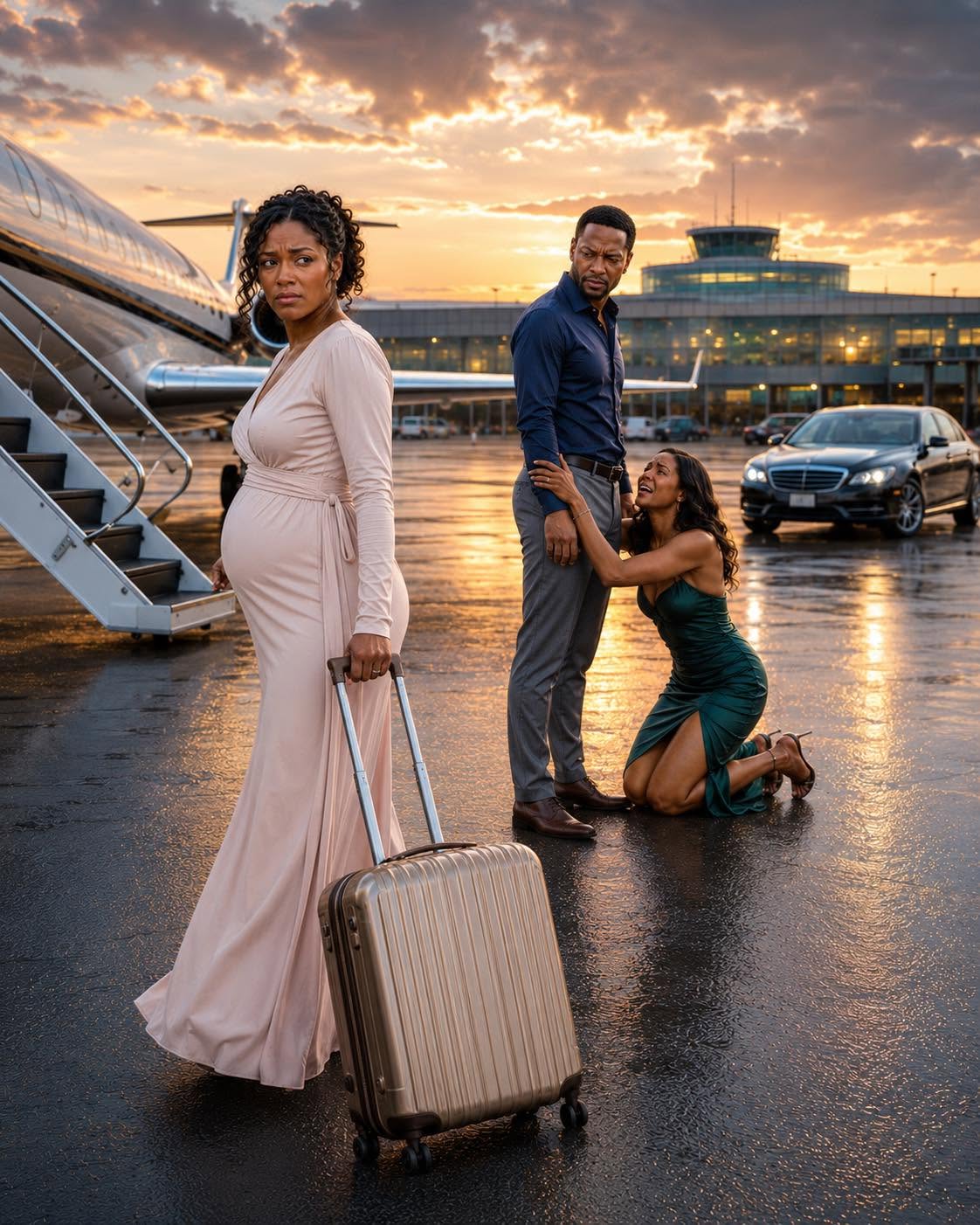 After a Night with His Mistress—Pregnant Wife Boarded a Jet While the Mistress Begged Outside  He brought his mistress into the gala and raised a toast to “the woman who truly understood him.” His pregnant wife stood ten feet away, smiling because cameras were watching. By dawn, his money, his reputation, and his perfect lie would all belong to the evidence she carried in her purse.  Clara Donovan knew something was wrong before Richard ever looked away from her.  It was in the way the ballroom went quiet in pieces, not all at once. First the women near the champagne tower stopped laughing. Then the older men by the marble bar turned their heads with that slow, hungry curiosity rich people used when scandal entered a room wearing diamonds. Then the photographers outside the arched doors began lifting their cameras again, even though the formal arrivals had ended twenty minutes earlier.  Clara stood near a column wrapped in white orchids, one hand resting beneath the curve of her six-month pregnant belly, the other clenched around a silver evening clutch so tightly her fingers ached.  The Grand Whitmore Hotel glittered around her as if the room had no shame. Crystal chandeliers poured gold over polished marble. Waiters moved like ghosts with trays of champagne and tiny spoons of caviar. Women in silk gowns leaned toward one another, pretending to whisper about the charity auction while their eyes kept sliding toward the entrance.  Clara followed their gaze.  Richard Donovan walked in with Sabrina Cole on his arm.  Not beside him.  On his arm.  There was a difference, and every person in that ballroom understood it.  Sabrina wore a crimson gown that seemed designed less to flatter her than to declare victory. Her hair fell in glossy waves over one shoulder. Diamonds trembled at her ears. One hand rested possessively on Richard’s sleeve, her fingers curled into the black fabric of his tuxedo as if she had already moved into the life Clara was still expected to decorate.  Richard did not look embarrassed.  That was the part Clara would remember later.  Not the whispers. Not the cameras. Not the sickening little laugh from Mrs. Harrington near the bar.  Richard looked proud.  He guided Sabrina through the entrance beneath the winter benefit banner, his smile broad, his posture straight, his beautiful public face polished for donors and board members and anyone with enough money to matter. He had the careless confidence of a man who believed the world would accept whatever version of reality he presented first.  Clara felt the baby move beneath her palm.  A small, quiet pressure.  A reminder.  She drew in one breath, then another. The air smelled of lilies, perfume, warm wax, and expensive wine. For a moment, the room narrowed until all she could see was Richard’s hand at Sabrina’s lower back, guiding her forward with an intimacy he had not offered Clara in months.  “Darling,” Mrs. Harrington murmured as she approached Clara, her pearls bright against her powdered throat. “You look radiant. Pregnancy suits you.”  Clara turned to her with the automatic smile she had learned from years beside powerful men. “Thank you.”  Mrs. Harrington’s eyes gleamed. “How brave of you to come tonight.”  There it was.  Not concern.  Entertainment dressed as sympathy.  Clara’s smile did not move. “It is my foundation too.”  The older woman blinked, as if she had forgotten Clara owned anything except a wedding ring and a swollen belly.  Across the room, Richard accepted a glass of champagne from a passing waiter. Sabrina took one too, although she barely sipped. She was too busy watching Clara.  Their eyes met.  Sabrina smiled.  It was not wide. It did not need to be. It was the small, satisfied smile of a woman who believed she had won not only the man, but the stage.  Clara had imagined this moment many times during the previous six weeks. The rumors had arrived softly at first, disguised as concern. A friend of a friend saw Richard leaving the Langford Residences with a young woman. A donor mentioned Sabrina’s name too casually. A florist sent a bill for arrangements Clara never ordered. Then came the night she called Richard at eleven, asking whether he would be home soon, and heard feminine laughter in the background before he said, “Don’t wait up,” in a voice colder than the February rain against the windows.  Still, some desperate part of her had hoped for a lie she could survive.  A misunderstanding.  A business associate.  A mistake he would confess with sh:ame.  But there he was, in front of two hundred people, with Sabrina’s fingers on his arm and no shame anywhere in his face.  Richard reached the center of the ballroom, accepted the microphone from the event coordinator, and tapped it once.  The sound cracked through the room.  Conversations faded.  Clara felt the baby shift again, harder this time, as if startled by the sudden silence.  Richard’s gaze swept across the crowd. For one brief second, it landed on Clara. His eyes were blue, clear, and unreadable.  Then he looked away.  “Thank you all for coming tonight,” he said, his voice rich and warm, the voice donors trusted and reporters loved. “The Donovan Foundation has always stood for family, loyalty, and the courage to build a better future.”  Clara almost laughed.  It rose in her throat like something sharp.  Family.  Loyalty.  Future.  Beside him, Sabrina lowered her lashes and leaned in closer.  Richard continued, “There are people in our lives who understand us at a level others never could. People who stand with us not because of duty, but because of truth.”  The room seemed to hold its breath.  Clara’s pulse beat in her ears.  Richard raised his glass slightly toward Sabrina.  “To the people who truly understand us.”  The gasp was not loud. Rich people rarely allowed themselves anything that obvious. But Clara heard it ripple through the room anyway, concealed under the clink of crystal and the faint scrape of someone shifting in a chair.  Sabrina smiled like she had been crowned.  Clara stood perfectly still.  Her knees felt weak. Her skin had gone cold beneath the silk of her midnight-blue gown. Somewhere near the auction table, a woman whispered, “My God,” and another whispered back, “In front of his pregnant wife.”  Clara’s phone buzzed inside her clutch.  She opened it with fingers that did not feel like hers.  A message from Richard.  Smile. Stay put. Don’t emb:arrass me.  The words sat on the screen like a slap.  Not “I’m sorry.”  Not “Let me explain.”  Not even a coward’s denial.  Smile.  Stay put.  Don’t emba:rrass me.  Clara looked up.  Richard was still at the microphone, still smiling, still owning the room. Sabrina’s face was turned toward him, glowing with triumph. The donors watched. The board watched. The city watched.  And something inside Clara, something that had been bending quietly for months, stopped bending.  She did not cry.  She did not shout.  She did not throw the glass Mrs. Harrington had pressed into her hand ❤️Thank you for taking the time to read this part of the story 🙏📖 This is only the first part; the continuation and the ending have already been posted in the comments 👇 (I know you’re all very curious about the next part, so if you want to read more, please leave a “”YES”” comment below!)  📖 Don’t miss the next part of the story: 1️⃣ Like this post 2️⃣ Tap ALL COMMENTS 3️⃣ Click the PINNED LINK to read the full story 👇”