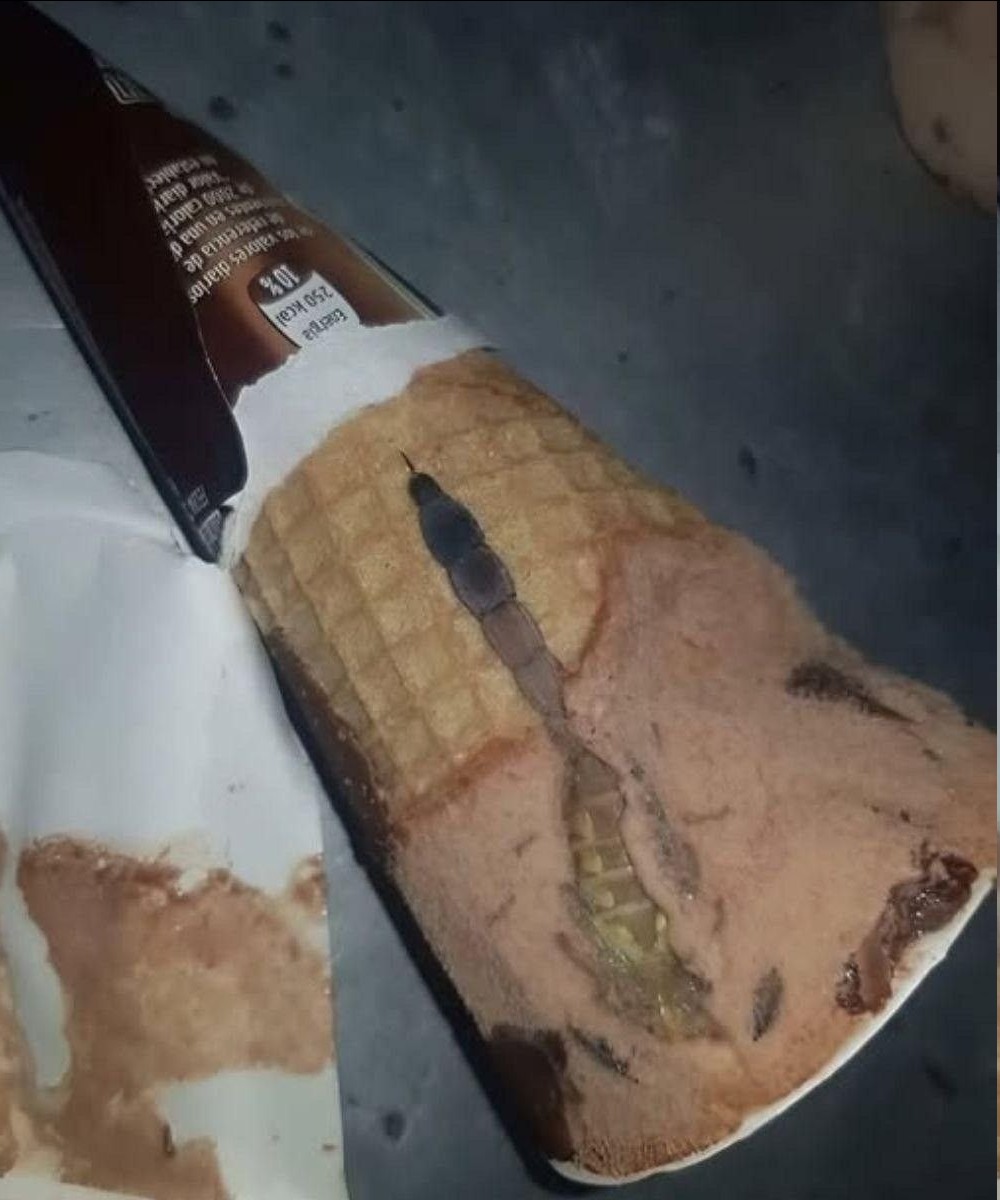 Today, my daughter opened her favorite chocolate ice cream, the one she eats almost every day after school. Everything was as usual: a crispy cone, a sweet aroma, a smooth layer of chocolate on top. But a few seconds later, I heard her say in surprise, “Mom, look what this is!” I went closer and saw something strange and dark inside, like a piece of wrapper or candy. At first, we thought it was just a defect, then that maybe a piece of chocolate had gotten in. But my daughter, always curious, decided to carefully poke around with a spoon. A moment later, she screamed. Inside, right under the chocolate, we saw… I was horrified when I realized what it was. I shared the details in the first comment.
