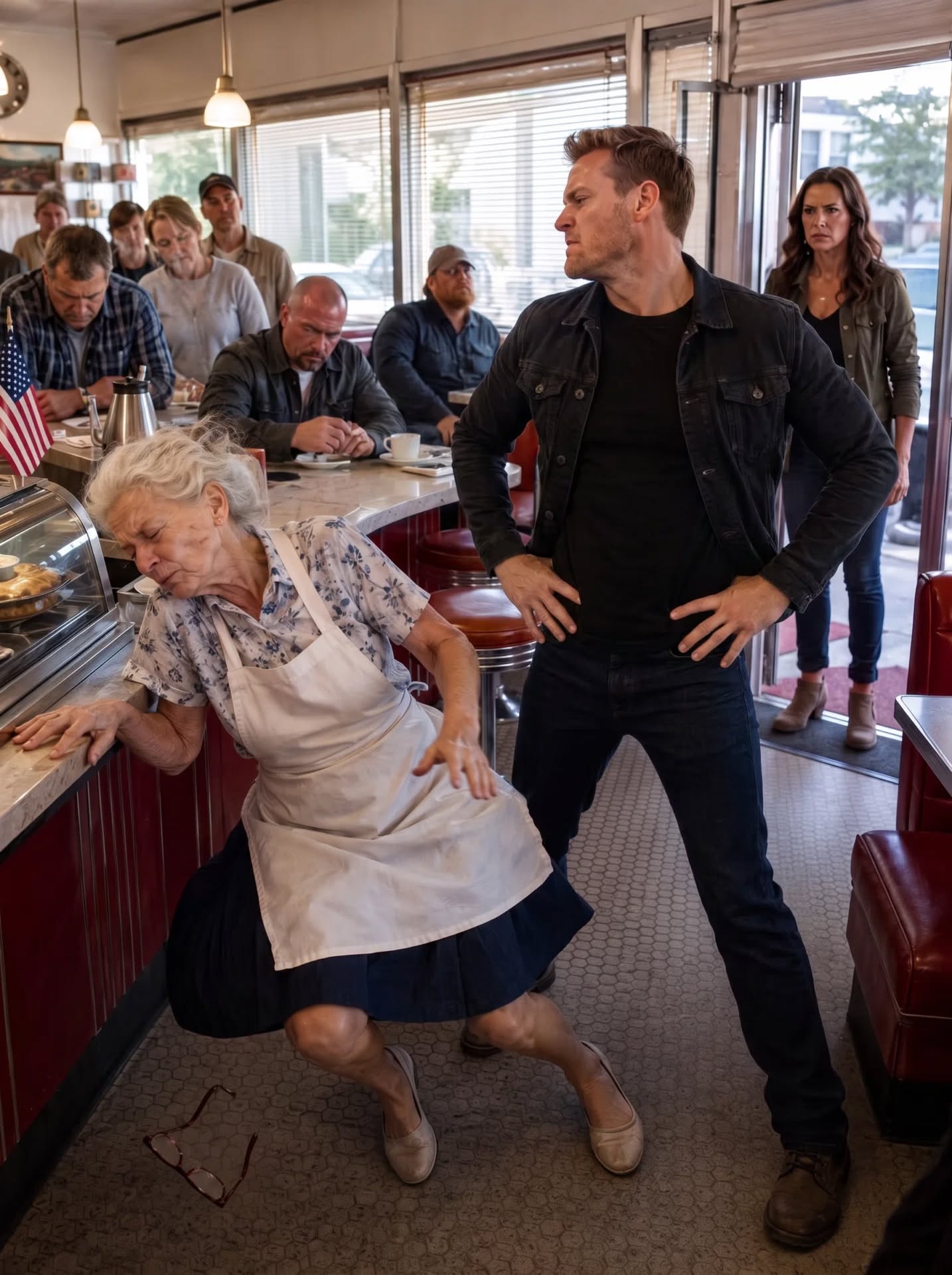When a bu:lly sh0ved my 75-year-old mother during a confrontation in her North Carolina diner and warned he could do whatever he wanted, the regulars lowered their eyes and the sheriff called it a fall. I came home quietly, preserved the video he thought was incomplete, and waited beside the counter—until two black SUVs stopped outside and an officer entered using a rank no one knew I held. The video lasted twelve seconds. I was standing inside a briefing room at Fort Bragg, North Carolina, when my phone vibrated against the conference table. Twelve officers were reviewing logistics around me, and I still had a laser pointer in my hand when I saw my neighbor Carol’s name on the screen. “Nicole,” she said, her voice shaking. “You need to see what happened to your mother.” The video arrived before she finished. I stepped into the hallway and pressed play. Turner’s Family Diner appeared on my screen—the same red vinyl booths, chrome-edged tables, and brass bell over the door that had been there since childhood. My mother, Evelyn Turner, stood behind the counter in her faded apron. At seventy-five, she still opened before sunrise, knew every regular’s coffee order, and refused to replace an apron stained in the shape of Ohio because she claimed it had “another ten good years left.” A man leaned across the counter with one finger near her face. I recognized him from photographs almost immediately. Travis Cain. His father, Wade Cain, owned half the commercial property in the county and had spent months pressuring my mother to sell the diner’s lease and the narrow parcel behind it. My mother shook her head. Then she made the gesture I had known all my life—both hands raised slightly, palms outward. No. She would not sign. She would not sell. Travis raised his hand. My mother lost her balance and fell beside the counter. Her glasses slid beneath a booth while the customers stared into their plates. Nobody moved. These were people she had fed on credit. People whose children she had watched grow up. Men who had spent twenty years discussing football, crops, and local politics over her coffee. Not one of them stood. Travis adjusted his jacket and looked around the diner as if he wanted everyone to remember who controlled the room. “Around here,” he said, “I do whatever I want.” The video ended. I requested emergency leave before returning to the briefing room. I had served in the U.S. Army for more than twenty years. I commanded a Ranger battalion and had spent most of my adult life learning to make decisions under pressure. But on the flight home, rank meant nothing. I was simply a daughter replaying twelve seconds she could not change. My mother was in a hospital outside town with a injuries to her shoulder and a bru:ising on her face. When I entered her room, she did not look relieved. She looked frightened. “You should not have come,” she said. “Someone put you on the floor of your own restaurant.” “I’m fine.” Her good hand closed around mine. The grip was still strong, but her eyes moved toward the door before she continued. “Please don’t make this bigger.” “What does Wade Cain want?” She pulled the blanket higher over her waist. “The diner. The land behind it. Your father refused him years ago, and now I have refused him too.” My father had died six years earlier in a single-vehicle accident on Route 9. The road had been dry. He had driven it thousands of times. Until that moment, I had never connected his death to the Cain family. “Don’t gather a storm,” my mother whispered. It was an old expression she used whenever she wanted me to leave trouble alone. But the trouble had already entered her diner. The following morning, I spoke to the waitress, the cook, and two regulars who had been present. Each gave me a version of the same answer. “I didn’t see anything.” Their hands told a different story. The waitress, Kayla, wiped the same clean section of counter until her knuckles turned pale. One of the regulars held his coffee cup with both hands to stop it from trembling. The building owner claimed the security system had malfunctioned. Sheriff Don Harper called my mother’s injuries the result of “an unfortunate fall.” He never asked to see my phone. He never asked why Travis Cain appeared in the video. He folded his hands on his desk and said, “Without a cooperating witness, there is nothing meaningful to investigate.” That evening, someone knocked softly on my mother’s front door. Kayla stood on the porch wearing a gray hoodie. She kept looking toward the road. “I recorded more,” she said. Her phone contained forty-seven seconds, not twelve. The longer video showed Travis demanding my mother’s signature. It also showed a second man standing near the pie display in an expensive gray suit. Wade Cain watched everything. He never tried to stop his son. He did not even look surprised. I saved three copies of the video and sent one to a secure account before Kayla left. Then I began checking county property records. Thirty families had sold land to Cain Realty Group during the previous six years. Most had refused the first offer. Soon afterward, each experienced a sudden problem—a disputed lien, a failed inspection, missing permits, or unexplained damage. Every complaint had passed through Sheriff Harper’s office. Every zoning request connected to Cain Realty had been approved by Mayor Linda Brooks. Then I found my father’s name. An assessor’s file described him as “uncooperative” after he rejected Wade Cain’s third offer. The note recommending “e$c@lation” had been dated three weeks before my father’s acc:ident. I did not accuse anyone. I copied the page, photographed the original, and placed everything in a folder. The next morning, I returned to the diner in jeans and an old university sweatshirt. My hair was tied back, and nothing about me revealed my command or rank. My mother was already behind the counter with her arm in a sling. The bell rang. Travis Cain walked in smiling. “I hear your daughter has been digging through records,” he told my mother. “She is worried about me.” “She should worry about herself.” I rose from the corner booth. “You must be Travis.” He turned. “I’m Nicole. Evelyn’s daughter.” His smile widened. “So you’re the soldier girl.” He leaned against the counter and lowered his voice. “Let me explain something. Around here, my family decides what becomes a problem and what disappears.” “My father’s accident disappeared quickly.” For half a second, his expression changed. Then he smiled again. “Accidents happen to people who don’t know when to leave things alone.” My mother’s coffee pot stopped inches above a cup. I kept my voice level. “The law is coming, Travis. It is simply late.” He stood and pressed his shoulder into mine, testing whether I would react. I did not move. Sheriff Harper entered almost immediately. He looked at me instead of Travis. “Ms. Turner, you need to leave. We will not tolerate disturbances here.” Then two black SUVs stopped outside the diner. The engines remained running. A man in a U.S. Army service uniform stepped from the first vehicle, removed his cap, and walked through the door. He looked past the sheriff, past Travis Cain, and directly at me. “Good afternoon, Colonel Turner.” A coffee cup slipped from someone’s hand and struck the counter. The story is too long to post in the caption, so just say you “Yes”. The full story will be in the comments below.