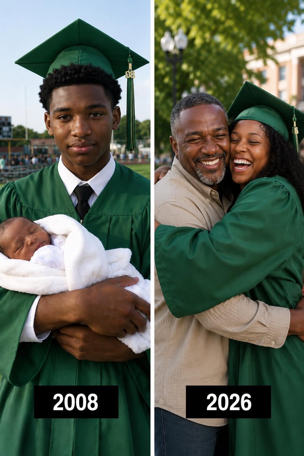 My Dad Became a Father at Seventeen—not Because He Planned To, but Because One Rainy Night, Someone Left a Baby Outside His Back Door. He had just returned home after working a late shift at a twenty-four-hour diner when he heard crying beneath the small awning behind his house. Sitting there was a baby carrier. Inside was a six-month-old girl wrapped in a damp green blanket. Me. Beside me were a bottle, several diapers, and an envelope with his name written across the front. The note said: Please take care of her tonight. I need time to figure things out. Her name is Eleanor. I’ll come back tomorrow. The woman who left me was Vanessa Hart, a nineteen-year-old neighbor my dad barely knew. She did not return the following morning. By Sunday, her apartment was empty. Her clothes were gone. Her boyfriend’s truck had disappeared. And nobody knew where they had gone. My dad called the police. Social services told him I would be placed in foster care while they searched for my relatives. But when the caseworker attempted to carry me away, my tiny hand grabbed the cord of his sweatshirt and refused to let go. That was the moment Mason Cole made a decision that changed both of our lives. Everyone told him he was too young. His football coach warned him that he would lose his scholarship. Relatives insisted that a baby needed a “real family.” Even the judge asked whether he fully understood everything he would have to sacrifice. Dad gave them the same answer every time: “She didn’t ask to be abandoned. I’m not going to let it happen to her twice.” He gave up football. Worked mornings at a tire shop and nights at the diner. Attended parenting classes after school. Learned how to braid my hair from online videos. And studied electrical repair after putting me to bed. He packed every lunch. Attended every school play. And slept in a plastic chair beside my hospital bed when I had pneumonia. Somehow, despite everything I had lost before I was old enough to remember it, he made certain I never felt unwanted. There is still a photograph hanging above our fireplace. In it, Dad is seventeen, wearing a crooked graduation cap and holding me in his arms on the Ridgemont High football field. He looks absolutely terrified. I once asked him why. He laughed and said, “Because I thought you might start crying during the principal’s speech.” Eighteen years later, I returned to that same football field for my own graduation. There was only one person I wanted standing beside me. Him. Dad brought the old photograph so we could recreate it. He was trying to hide his tears when a woman suddenly pushed through the crowd and shouted my name. “Eleanor!” She walked directly toward us. She was thin, exhausted, and wearing a scarf around her neck despite the summer heat. The moment Dad saw her, every trace of color disappeared from his face. The woman stared at me as though she had spent eighteen years searching for my features in the faces of strangers. Then she whispered, “Oh, Ellie…” Only my dad called me that. My stomach tightened. “Who are you?” I asked. She looked toward Dad, then raised her voice so everyone around us could hear. “I’m your mother.” The entire football field fell silent. Then she pointed toward the man who had raised me and said, “Mason Cole is not your father. He took you from me—and he has lied to you your entire life.” I turned toward Dad. He did not deny knowing her. But when I demanded the truth, he looked directly into my eyes and quietly said, “I never stole you, Ellie. But there is something I should have told you years ago…” What he revealed next was not the only secret Vanessa had brought to my graduation. Because beneath the scarf wrapped around her neck was something that explained why she had finally returned after eighteen years—and why she desperately needed something only I might be able to give her. Want the full story? Leave a “YES” below.