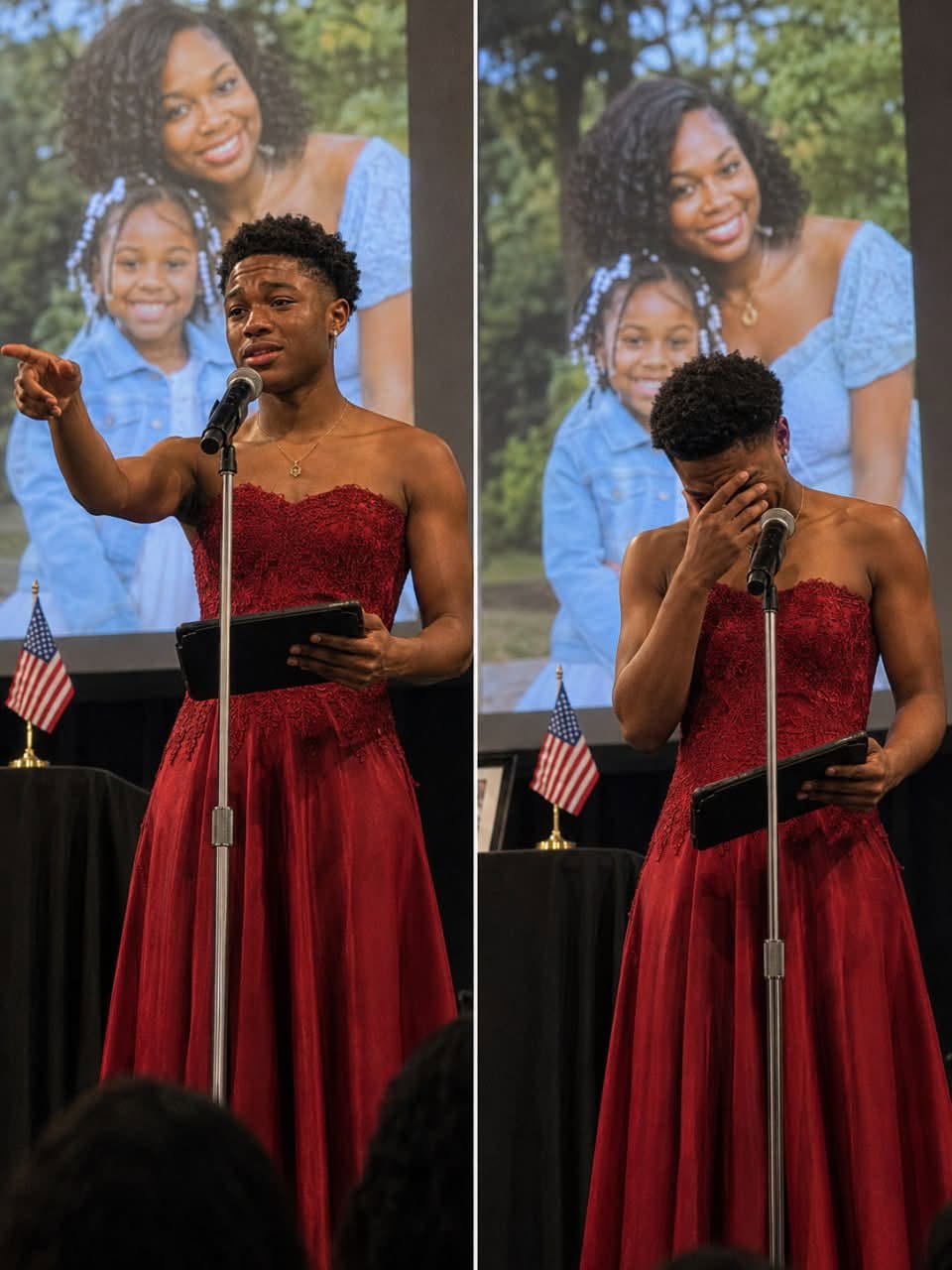 My Son Walked Across the Graduation Stage in a Bright Red Dress While the Auditorium Giggled — He Did It for Me. And I Begged Him Not To The whispering started the moment he stepped onstage. Then the giggles spread backward, row by row, through the auditorium. “What is wrong with that guy?” a voice muttered from the back, not even trying to be quiet about it. Callum didn’t flinch. He shook the principal’s hand, took his diploma, and turned to face six hundred people laughing at him. I sat in the third row, the only person there who understood exactly why. Callum had a twin sister, Iris. Inseparable their whole lives. A few months before graduation, she got sick. Fast, aggressive, impossible to plan around. She died three weeks before the ceremony they were meant to walk across that stage together. Three days before she passed, she pulled him into her hospital room alone and gave him something small, wrapped in a letter. She asked him to promise her one thing. His father refused to attend once he heard the plan. His closest friend stopped answering his texts. The school called, gently suggesting something “more appropriate.” He wore it anyway. Now he was walking straight toward me, up the center aisle, past every whispering face in that room. He stopped in front of my seat. “This is for you,” he said. “Both of you.” He reached into the dress, pulled something small into view. And the second I saw it, the entire auditorium disappeared. If you want to read the full story, type OK in the comments below