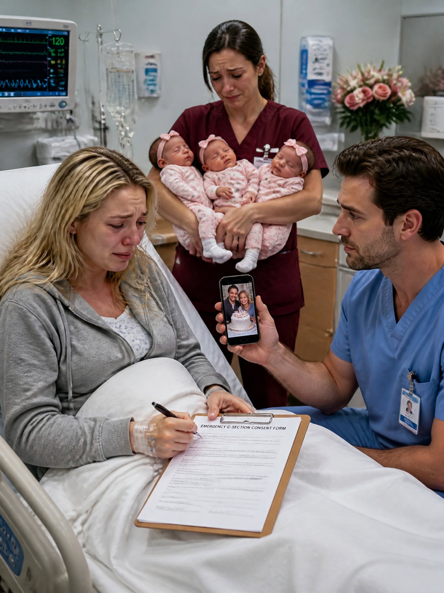 I was signing emergency C-section papers alone, trying to save our unborn triplets, while my husband had turned off his phone to celebrate with his first love and cut her cake. Four days later, he finally came to the hospital, expecting to find me and our three babies waiting for him. Instead, a nurse stopped him with one calm sentence. And that was when he realized the family he had ignored was no longer the same family he thought he could return to.  # Part 1: While I Fought for Our Babies  At exactly 2:17 p.m., the emergency C-section consent form rested against my trembling stomach because the tray beside me was already crowded with medical equipment.  The monitors around me screamed while three tiny heartbeats flickered unevenly across the screen. Dr. Hannah Reed studied the numbers for only a few seconds before turning to me.  “Mrs. Bennett, we need to operate now. Baby B is in distress, and Baby C’s cord is compressed. If we wait, we could lose all three.”  My mouth went dry.  I looked toward the empty chair beside my bed, where my husband should have been.  Less than an hour earlier, Daniel had squeezed my hand and promised, “I’m just stepping out for one quick call.”  Forty minutes had passed.  He had not returned.  “Please,” I whispered to Nurse Claire. “Call my husband again.”  She tried once.  Voicemail.  Twice.  Voicemail.  A third time.  Still nothing.  What I did not know was that Daniel was not anywhere near the hospital.  Miles away, he stood inside a private dining room at an exclusive country club, beneath crystal chandeliers and soft music. Across from him was Olivia Grant, his first love—the woman he had always promised was “just an old friend.”  Between them sat a white chocolate raspberry cake decorated with roses.  When Daniel’s phone vibrated, my name appeared on the screen.  Rachel.  He looked at it long enough to know I was calling.  Then he held down the power button until the screen went black.  Olivia smiled.  “Today is about us.”  Daniel smiled back.  Then they cut the cake together.  Back at the hospital, I signed the consent form with fingers so cold I could barely hold the pen.  “If I sign,” I asked, “will they live?”  Dr. Reed held my gaze.  “We will do everything humanly possible.”  It was the only promise anyone could give me.  So I signed.  The operating room became a storm of controlled urgency. I fought to stay awake, silently repeating the three names I had chosen during quiet nights folding tiny clothes.  Ava.  Sophie.  Hope.  Then I heard the first cry.  Small, but strong.  A second cry followed.  For one brief moment, relief broke through the fear.  Then I waited for the third.  Silence.  “What about Baby C?” I asked.  Someone answered quickly, “We’re still working.”  The room blurred as exhaustion pulled me under. For one impossible second, I imagined Daniel bursting through the doors, terrified by what he had almost missed.  But he never came.  The only hand holding mine belonged to a nurse.  Hours later, Daniel finally returned to the hospital, still carrying the faint scent of expensive frosting and Olivia’s perfume.  In the elevator, he rehearsed the excuse he expected me to accept.  His phone died.  Hospitals overreacted.  Once I calmed down, I would forgive him, just like I always had.  But when he reached the maternity ward, he stopped.  My room was empty.  The bed had been stripped clean. The bouquet from his office still sat untouched by the window. There was no wife waiting to confront him. No newborn daughters waiting to meet him.  Only silence.  Daniel stopped a passing nurse.  “Excuse me. My wife, Rachel Bennett. She delivered triplets. Where is she?”  The nurse studied him.  “Rachel Bennett?”  “Yes. My wife.”  Her expression shifted.  “She was discharged four days ago.”  Daniel froze.  The nurse looked at the empty room, then back at him.  “Isn’t she home?”  For the first time since he had turned off his phone, Daniel had no answer.  He had always believed that no matter how long he stayed away, I would still be there waiting for him to explain.  But four days had passed.  And in those four days, his wife and three newborn daughters had already disappeared from the life he thought he could return to whenever he pleased.  Story continued in the comments! Drop a comment if you want to know what happens next. 👇👇
