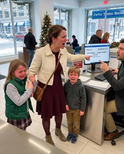 After our divorce, my husband threw me and our kids out on Christmas Eve without a single cent. Desperate and in tears, I took the old card my late mother had left me to the bank. The banker suddenly turned pale and shouted, “Ma’am, quickly… you need to look at this!” What I saw left me speechless.  Christmas Eve in Columbus, Ohio, should have smelled like cinnamon and pine. Instead, it smelled like wet cardboard.  My name is Claire Bennett. At thirty-six, I stood on the sidewalk with two suitcases, my eight-year-old daughter Sophie, my six-year-old son Noah, and nowhere to go. Three hours earlier, my ex-husband, Daniel, had changed the locks on the house we had lived in for eleven years.  “The divorce is final,” he had said through the half-open door. “The house is mine now. Figure something out.”  He knew my settlement payment was still tied up in court. He knew I had less than eighty dollars in my checking account. He knew the children were with me for Christmas.  And he still shut the door.  By late afternoon, every cheap motel I called wanted a deposit I couldn’t afford. Sophie was trying not to cry. Noah kept asking whether Santa would know where to find us.  Then I remembered the old debit card.  It had belonged to my mother, Margaret Cole, who died eighteen months earlier. Before she passed, she had pressed the card into my hand and said, “Keep this somewhere safe. If life ever corners you, use it.”  I had assumed it was linked to the tiny savings account she once used for emergencies.  The nearest branch was closing early for Christmas Eve. I rushed inside with the children just before the doors locked.  At the counter, I handed the card to a banker named Eric Lawson.  “I don’t know if this is still active,” I said. “I just need enough for a hotel room.”  He inserted the card, typed something, and frowned.  Then his face changed.  He looked at me, looked back at the screen, and suddenly stood.  “Ma’am, quickly… look at this.”  I stepped closer.  The account balance displayed on his monitor was not four hundred dollars.  It was ,843,611.27.  I stared until the numbers blurred.  “That’s impossible.”  Eric lowered his voice. “This card is attached to a private trust account. You are listed as the sole beneficiary.”  My knees weakened.  Then another line appeared beneath the balance: a recent attempted withdrawal for 0,000.  The request had been denied two days earlier.  Eric clicked the transaction details.  The applicant’s name appeared on the screen.  Daniel Bennett.  My ex-husband.  And next to his name was something even worse: a scanned power-of-attorney document carrying what looked like my signature.  A signature I had never made.  I stopped crying.  For the first time that day, I felt something colder than fear.  I felt clarity.  Eric immediately asked the branch manager to lock the account against further transfers. While he made the call, I stared at Daniel’s name and understood why he had been so eager to force me out before Christmas.  The rest of the story is below